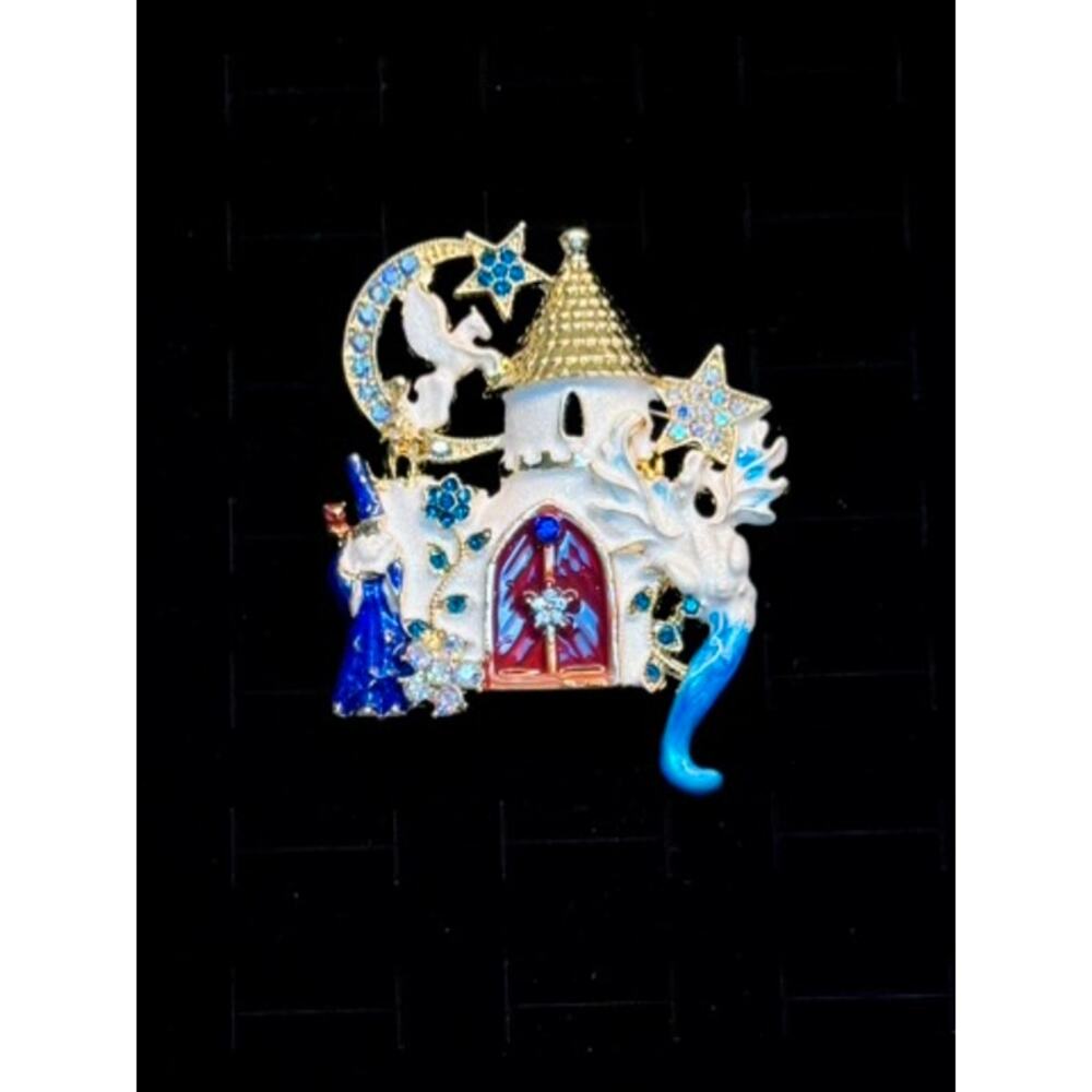 Fantasy Castle Dragon Wizard Brooch Rhinestone Statement Pin